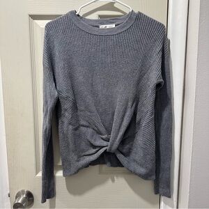 Rielle Crew Neck Gray Knit Sweater Front Knot Ribbed Cozy Minimalist Casual EUC